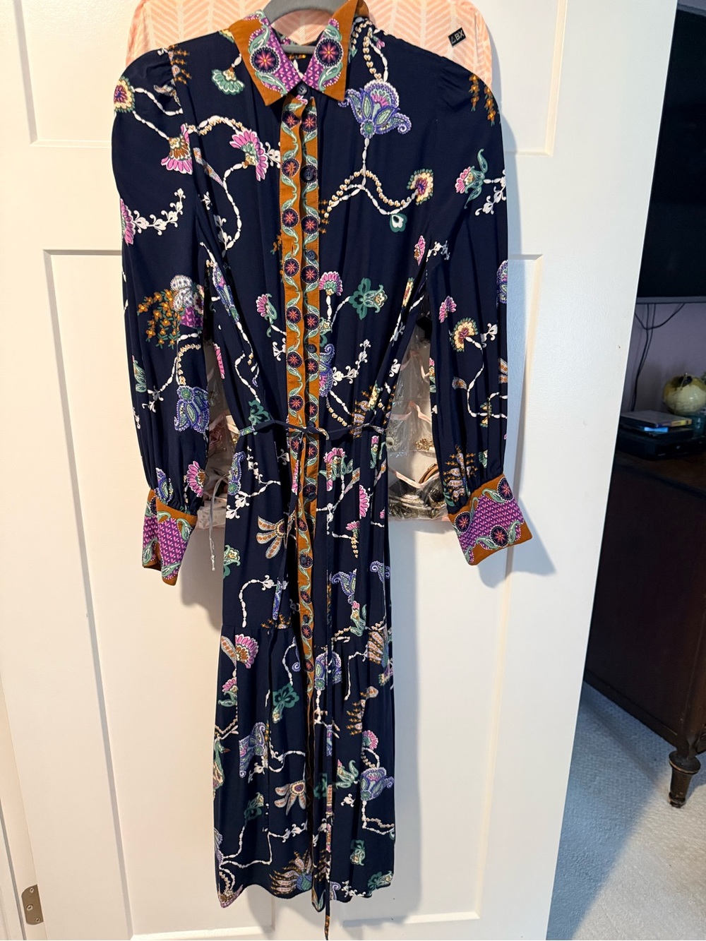 LOFT Navy Floral Long-Sleeve Button-Front Midi Dress with Contrast Trim